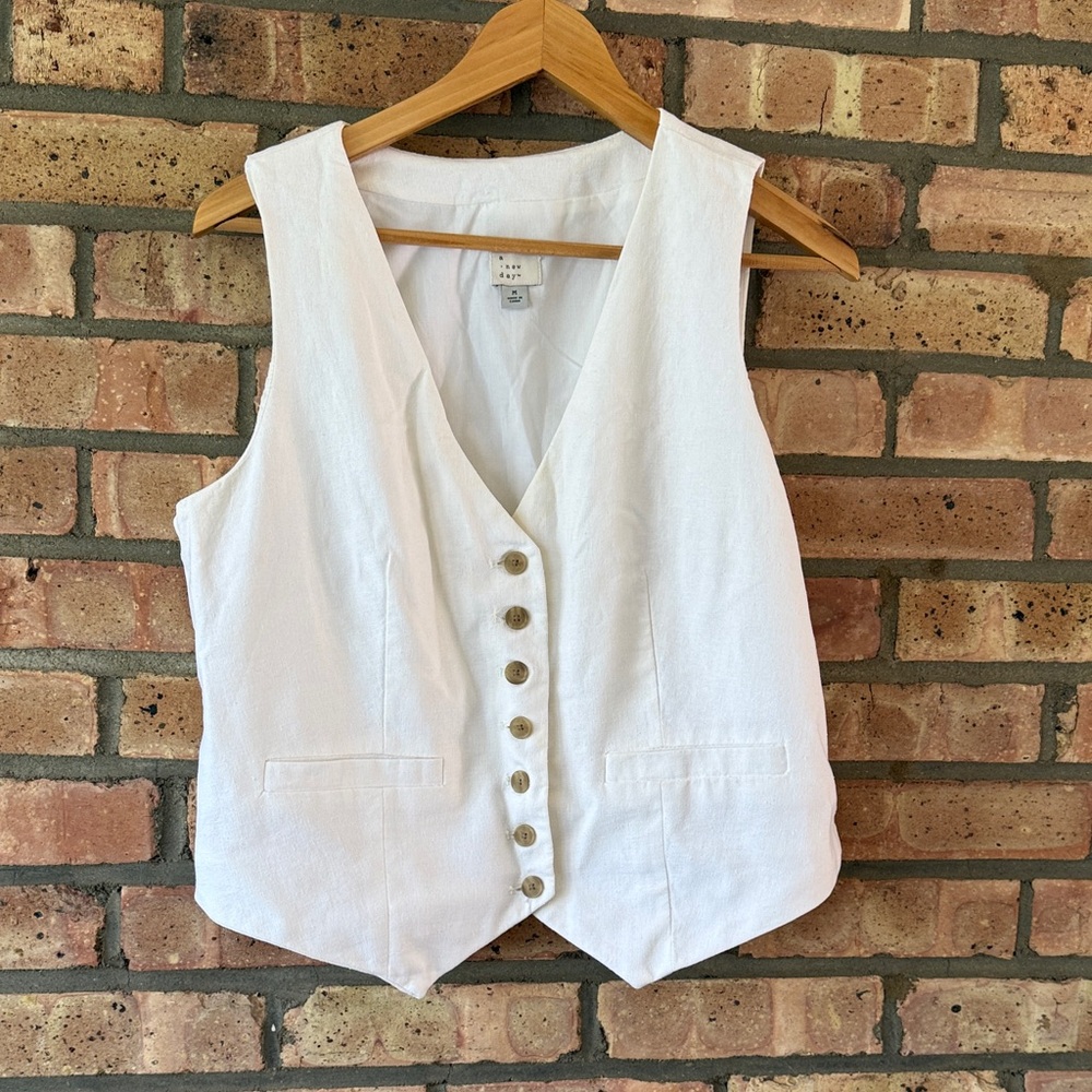 White Button Front Linen Vest